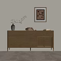 Natural Wood Entryway Cabinet And Sideboard With Vase Plant Decorative Items And Framed Artwork
