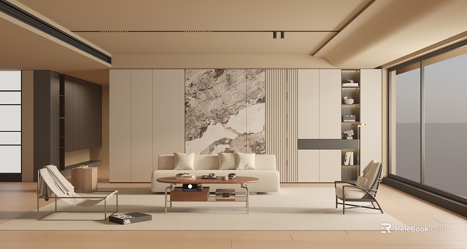 Modern Living Room Interior With Beige Sofa Marble Artwork Storage Cabinets And Accent Chair 3d model 