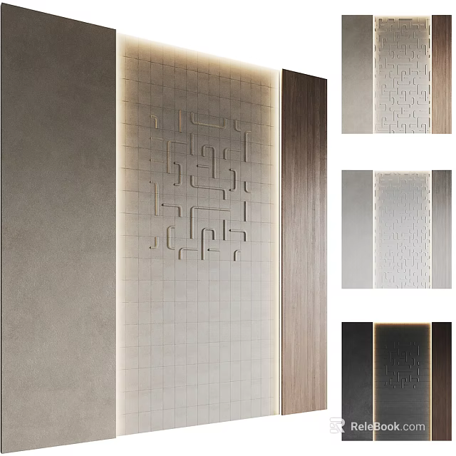 Modern Bed Accent Wall With Geometric Patterns And Lighting 3d model 