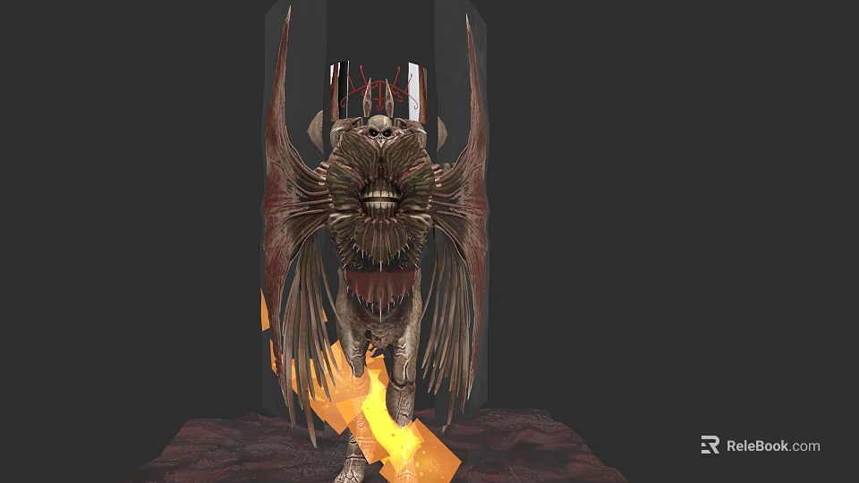 Winged Demon Character With Skull Face And Fiery Lava Surroundings 3d model 
