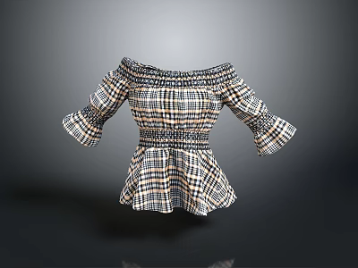 Stylish Off The Shoulder Plaid Dress With Flared Sleeves And Smocked Waist 3d model