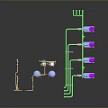 Industrial Equipment System 3D Model With Green Pipes Blue Tanks Pink Components And Wooden Frame