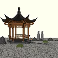 Traditional Chinese Wooden Pavilion With Tiled Roof Stone Statues And Pebble Ground