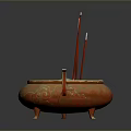 Traditional Orange Incense Burner With Gold Patterns Handles And Red Sticks