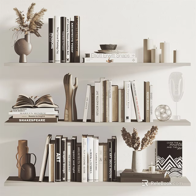 Minimalist Modern Decorative Ornament Set With Books Hand Sculpture Vases Candles And Shelf 3d model 
