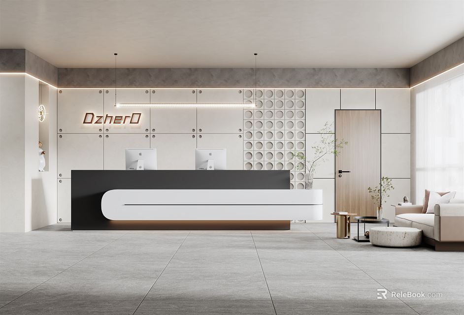 Modern Reception Front Desk Area With Stylish Counter Decorative Wall And Sofa Seating 3d model 