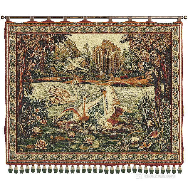 Artistic Curtain With Swans On Pond Water Lilies Trees And Flying Birds Design 3d model 