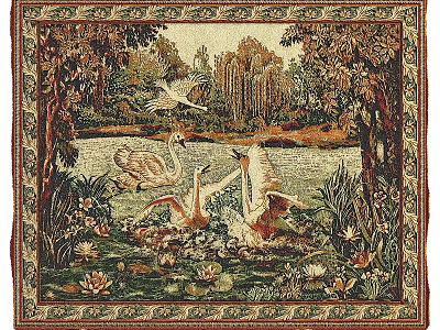 Artistic Curtain With Swans On Pond Water Lilies Trees And Flying Birds Design 3d model