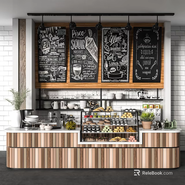 Functional Wooden Table with Baked Goods Display Case Shelves Blackboard Menus Mugs and Plants 3d model 