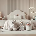 Cozy Kids Room Interior With Striped Walls Bed Stuffed Toys Moon Pendant And Cloud Lights
