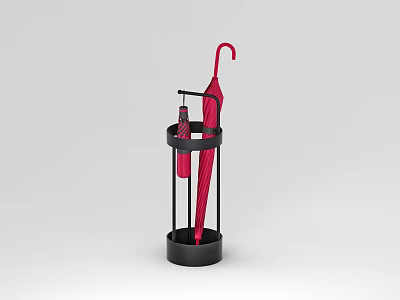 Practical Black Metal Umbrella Stand With Red Umbrella For Household Storage 3d model