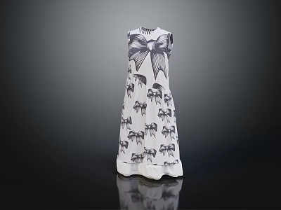 Elegant White Dress With Black Animal Print And Back Bow Design 3d model