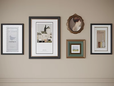 Multiple Framed Artworks On Wall With Different Styles And Home Decor Elements 3d model