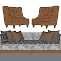 Light Colored Upholstered Sofa Set With Decorative Pillows And Brown Tufted Armchairs 3d model