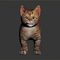 3D Cartoon Cat Model With Striped Fur Ears Open Mouth Standing On Shiny Surface