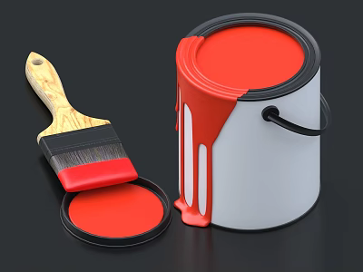 Red Paint Bucket With Dripping Paint And Wooden Handle Paintbrush For Home Use 3d model