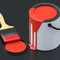 Red Paint Bucket With Dripping Paint And Wooden Handle Paintbrush For Home Use