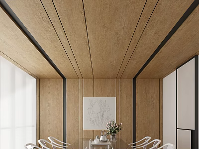 Modern Restaurant Interior With Wooden Ceiling Walls Black Line Decor Dining Table White Chairs Painting 3d model