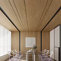 Modern Restaurant Interior With Wooden Ceiling Walls Black Line Decor Dining Table White Chairs Painting