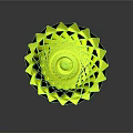 Vibrant Yellow Geometric Spiral Sculpture With Intricate Patterns And Reflective Surface On Dark Background