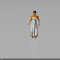 Elegant Female Character In White Long Dress With Green Blue Floral Patterns And Orange Trims