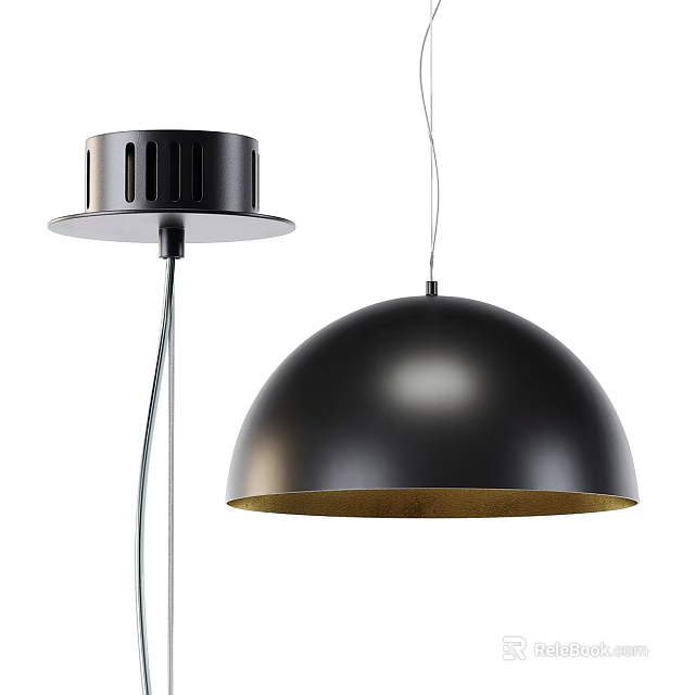 Sleek Modern Black Metal Hemispherical Pendant Light With Gold Lining For Home Interior 3d model 