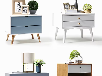 Modern Colorful Bedside Tables With Drawers Wooden Legs Photo Frames Potted Plants And Table Lamp 3d model
