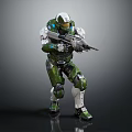 Futuristic Character In Green White Armor Holding Gun As Sci Fi Warrior Creature