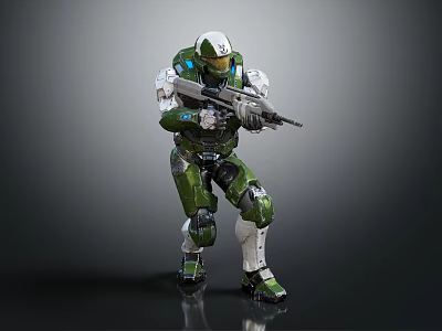 Futuristic Character In Green White Armor Holding Gun As Sci Fi Warrior Creature 3d model