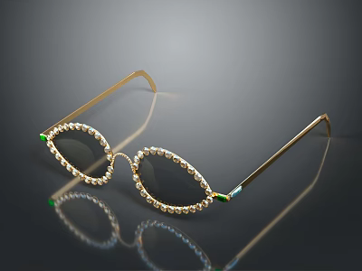 Pearl Embellished Gold Frame Sunglasses With Green Accents And Reflective Finish 3d model