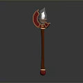 Red And Gold Decorative Axe With Wooden Handle And Sharp Metal Blade Design