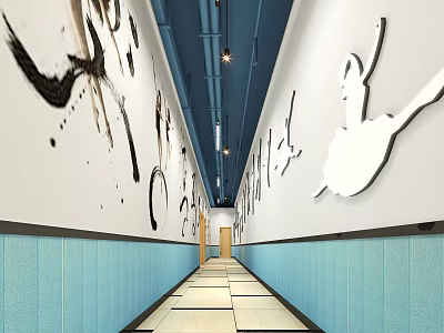 Elevator Corridor With Artistic Decor Blue Walls And Ceiling Lights 3d model