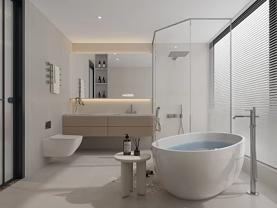 Modern Bathroom Interior With Freestanding Tub Vanity And Blinds 3d model