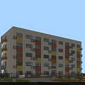 Multi Storey Residential Building With Colorful Exterior Walls Multiple Balconies And Surrounding Green Plants