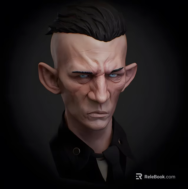 Man Head Portrait 3D Character Model With Short Black Hair Serious Expression And Black Shirt 3d model 