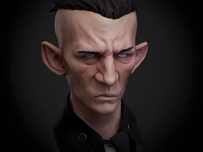 Man Head Portrait 3D Character Model With Short Black Hair Serious Expression And Black Shirt 3d model