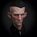Man Head Portrait 3D Character Model With Short Black Hair Serious Expression And Black Shirt