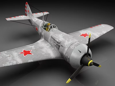 Vintage Gray Fighter Plane With Red Star Emblems On Wings And Propeller Details 3d model