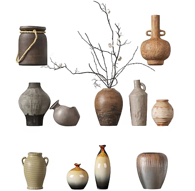 Handcrafted Ceramic Vessels With Rustic Textures Vases Jars And Dried Branch Accents 3d model