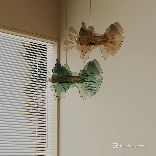 Green And Brown Leaf Shaped Glass Pendant Chandeliers Hanging In Modern Interior With Window Blinds 3d model 