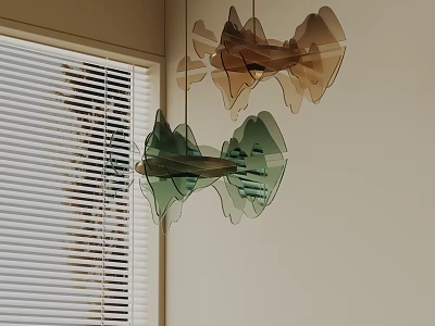 Green And Brown Leaf Shaped Glass Pendant Chandeliers Hanging In Modern Interior With Window Blinds 3d model