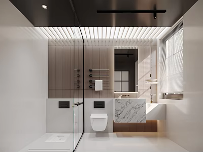 Modern Bathroom Interior With Glass Partition Wooden Panels Marble Vanity Smart Toilet 3d model