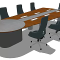 Long Modern Conference Table With Wooden Surface And Black Wheeled Office Chairs