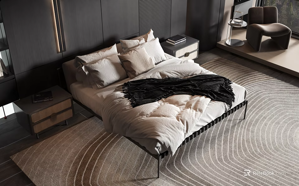 Modern Minimalist Double Bed Interior With White Quilt Black Blanket Nightstand And Patterned Rug 3d model 