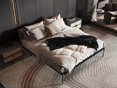 Modern Minimalist Double Bed Interior With White Quilt Black Blanket Nightstand And Patterned Rug 3d model