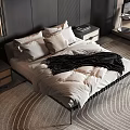 Modern Minimalist Double Bed Interior With White Quilt Black Blanket Nightstand And Patterned Rug