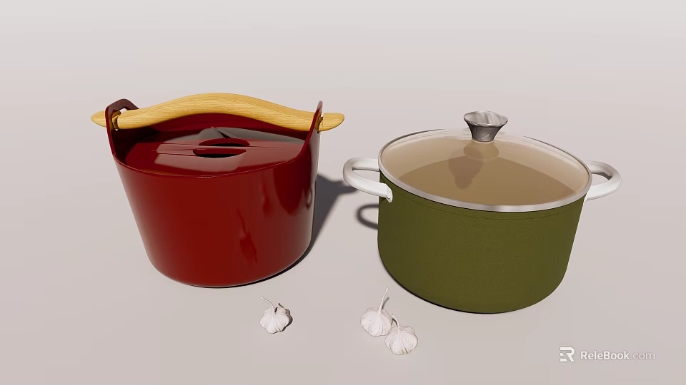 Red And Green Kitchen Cooking Pots With Wooden Handle Transparent Lid And Garlic Cloves 3d model 