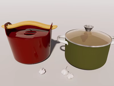 Red And Green Kitchen Cooking Pots With Wooden Handle Transparent Lid And Garlic Cloves 3d model