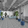 Modern Lounge Area Interior Design With Blue Sofas Circular Pendant Lights Large Windows And Plants
