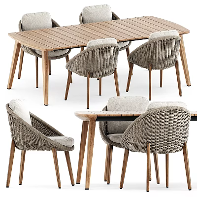 Wooden Dining Table and Woven Rattan Chair Set with Comfortable Backrests Modern Design 3d model